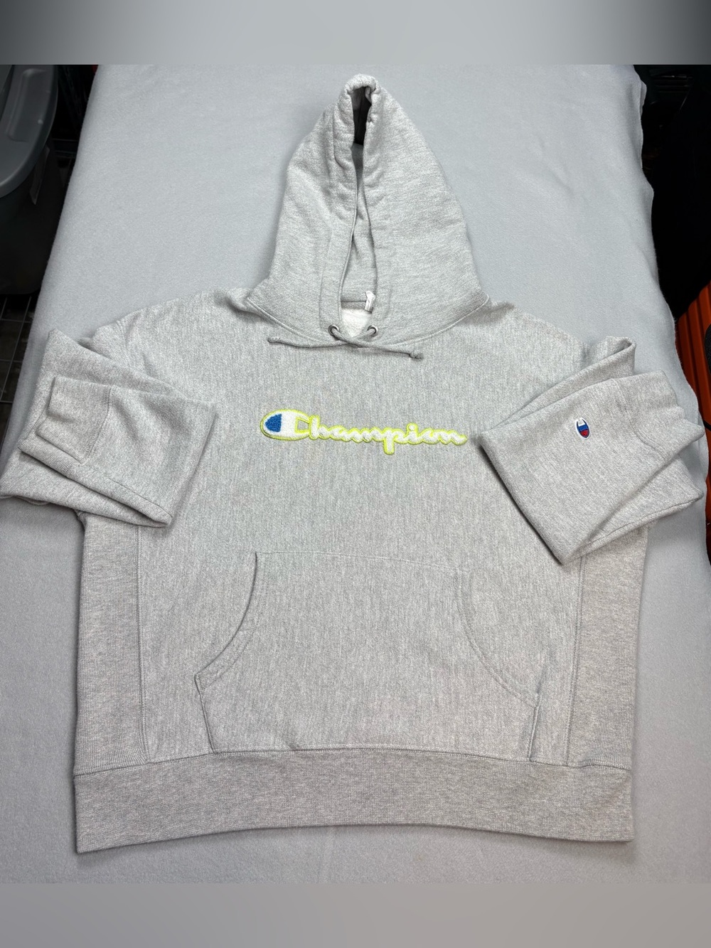Champion Reverse Weave Chenille Script Logo Hoodie XL Gray